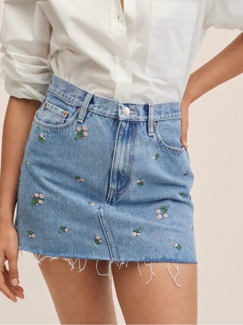 Mango MNG by Mango Embroidered Floral Denim Mini Skirt — Size S